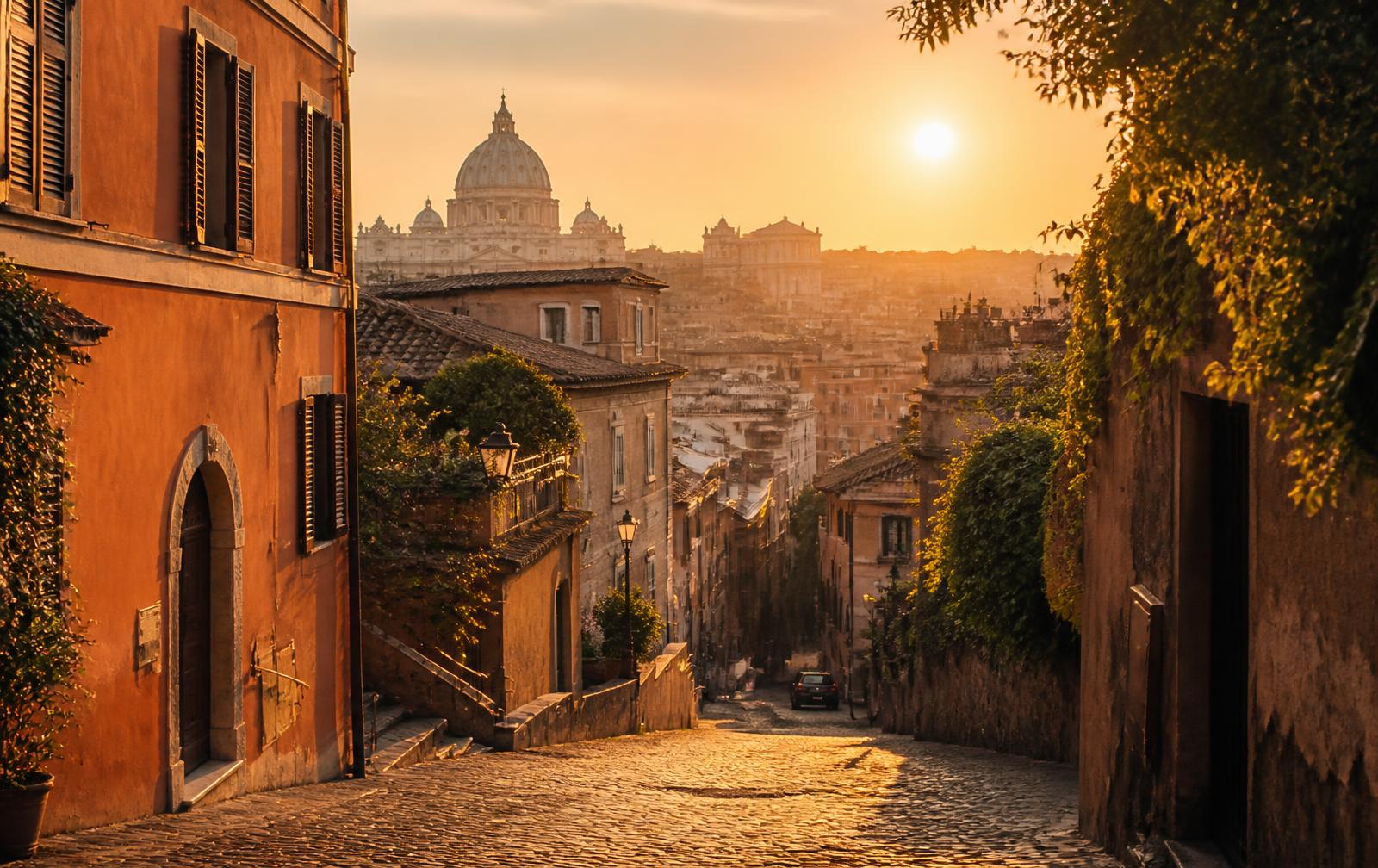 Golden hour over a cobbled Roman street